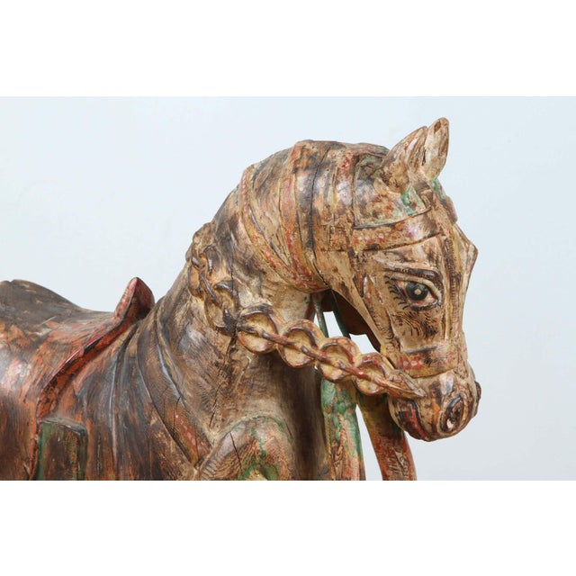 Pair of Monumental Indian Polychrome Carved Wood Horses on Wheels, 19th C. For Sale - Image 13 of 17