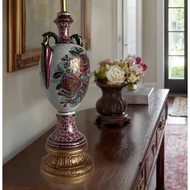 Pink Vintage Japanese Moriage Floral Porcelain Vase Table Lamp For Sale - Image 8 of 16