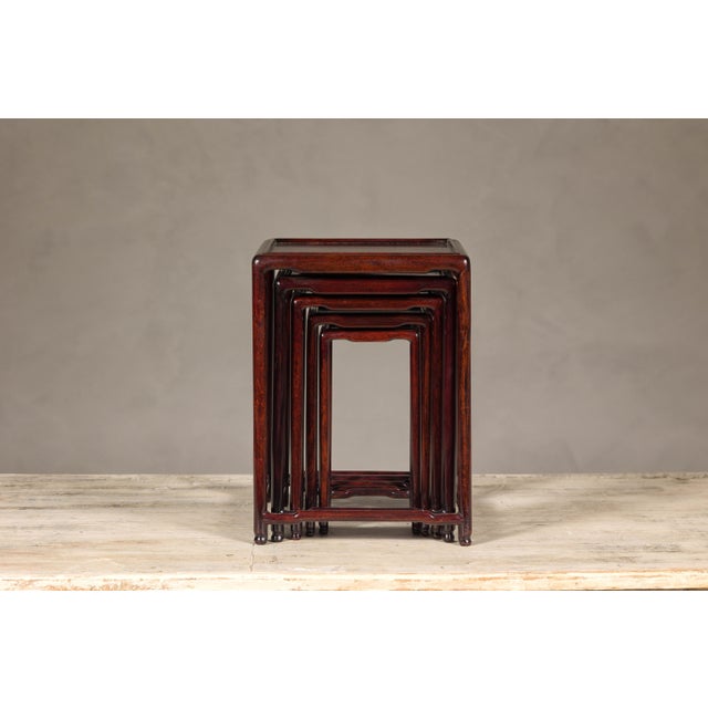 Brown Small Size Rosewood Nesting Tables with Humpback Stretchers - Set of 5 For Sale - Image 8 of 12