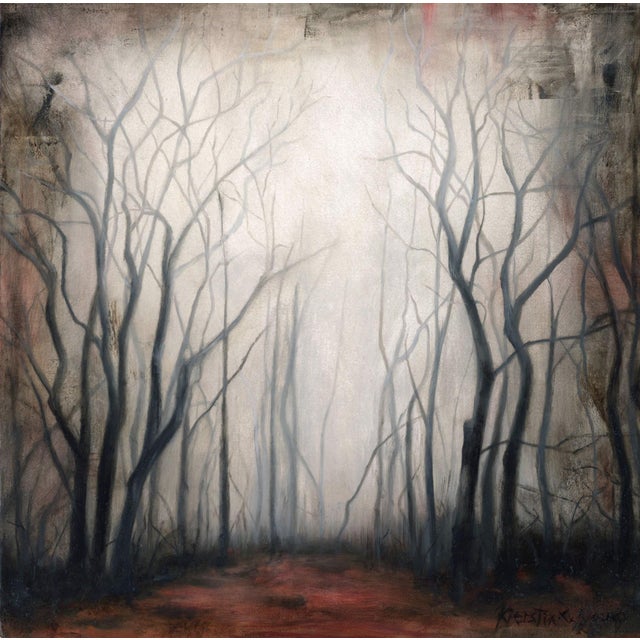 Caligo Vespera by Kierstin Young | Oil on aluminum panel Foggy forest with bare trees For Sale