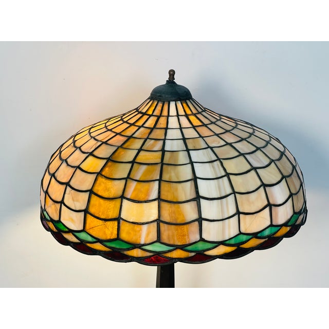1930s Antique Tiffany Studios Style Bronze Glass Lamp Numbered For Sale - Image 5 of 11
