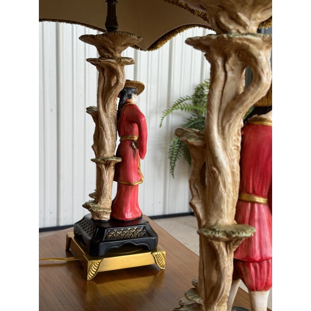 Chelsea House Inc Chelsea House Chinoiserie Figural Table Lamps With Black Shades - a Pair For Sale - Image 4 of 12