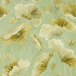 Sanderson Lotus Leaf Wallpaper in Oriental Green/ Olive - a Sample