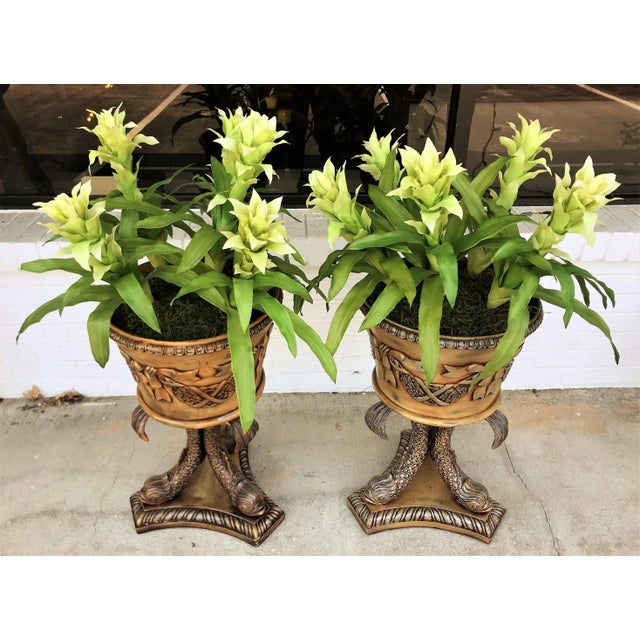 Koi Fish Pedestal Planters With Faux Floral Bromeliads- a Pair For Sale - Image 10 of 11