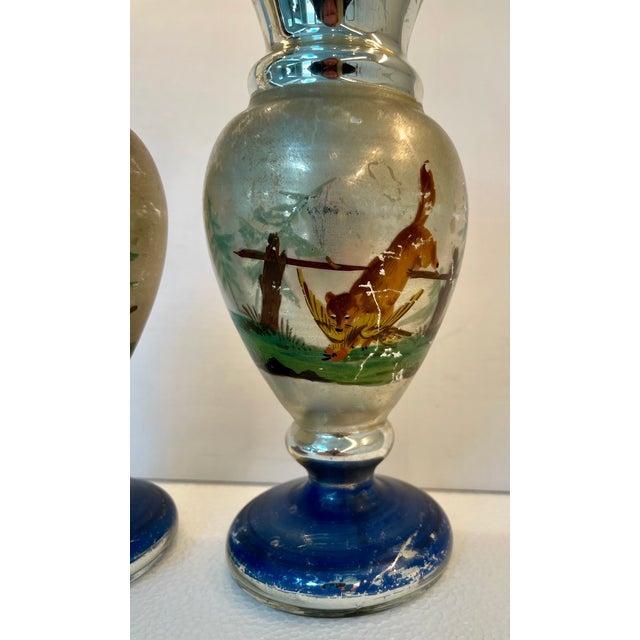 Pair of Mid 19th Century Antique Hunting Theme Mercury Glass Vases For Sale - Image 10 of 12