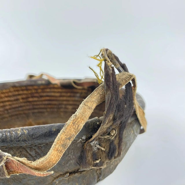 Dark Gray Early 20th Century Small Mesob Lidded Leather Wrapped Lunch Basket Ethiopia For Sale - Image 8 of 10