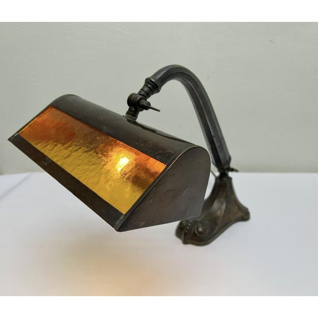 Art Nouveau Bankers Lamp in Brass with Colored Glass Lampshade, 1930s For Sale - Image 10 of 12