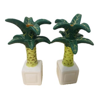 A Pair of Ceramic Palm Tree Candle Holders Palm Beach Style For Sale