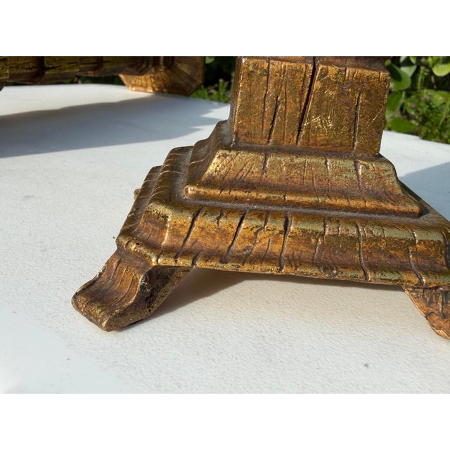 Vintage Brutalist Gilt Faux Bois Sculptural Candleholders, Graduated Pair For Sale - Image 9 of 12