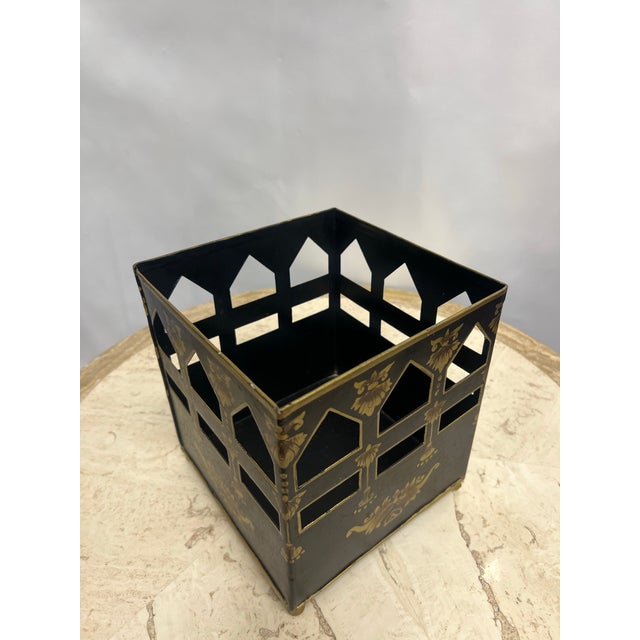 1980s Vintage Italian Style Tole Black and Gold Wastebasket. For Sale - Image 4 of 6