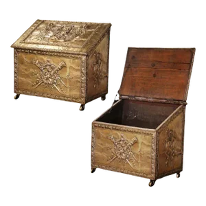 19th Century French Repousse Brass Clad Coal Bin on Casters With Hunt Motifs