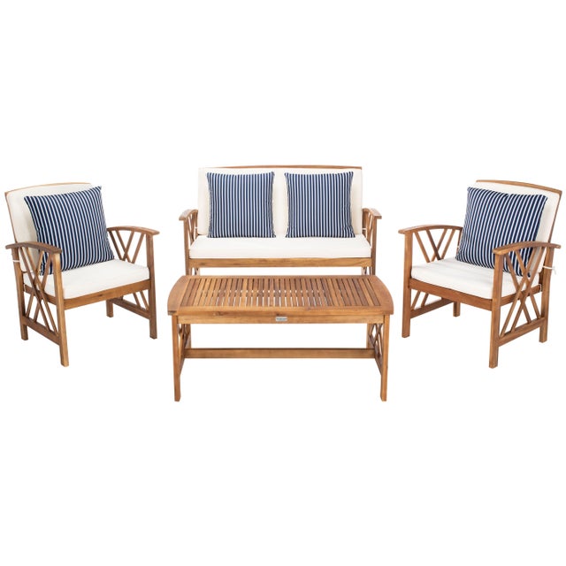 Tan Fontana 4-Piece Outdoor Set, Natural/Beige Cushion With Navy Thick Stripe Pillows For Sale - Image 8 of 8