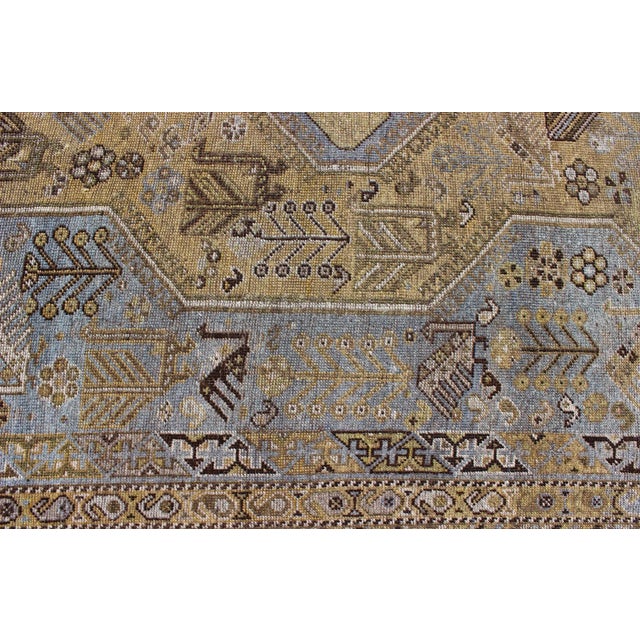 Hand Knotted Vintage Persian Shiraz Rug Tri-Medallion Design in Lavender and Olive For Sale - Image 9 of 13