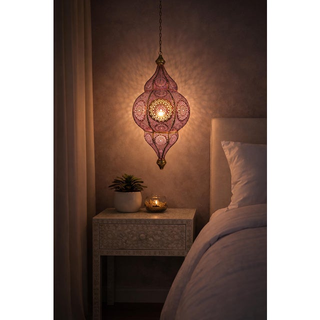 Early 21st Century Moorish Brass Pink Lantern For Sale - Image 5 of 8