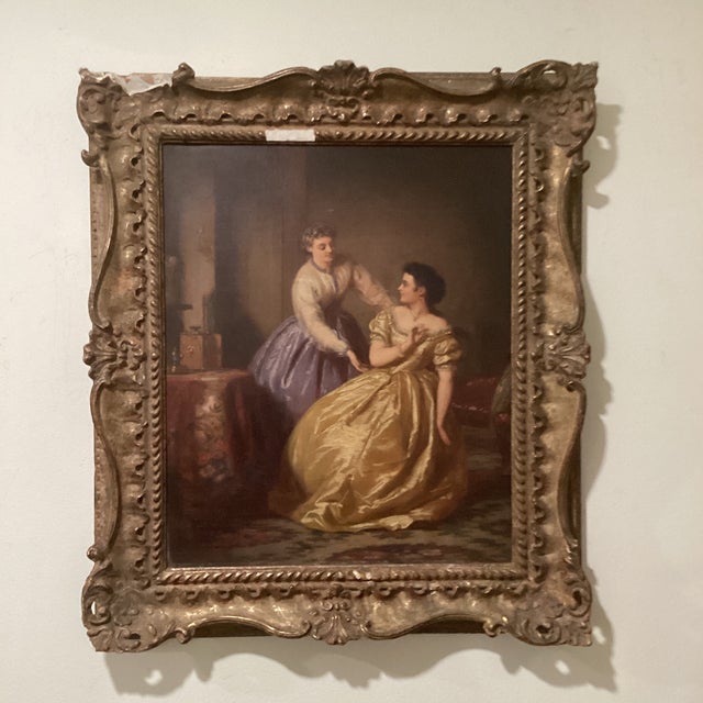 Antique Painting on Canvas Interior Scene With Two Women For Sale - Image 12 of 12