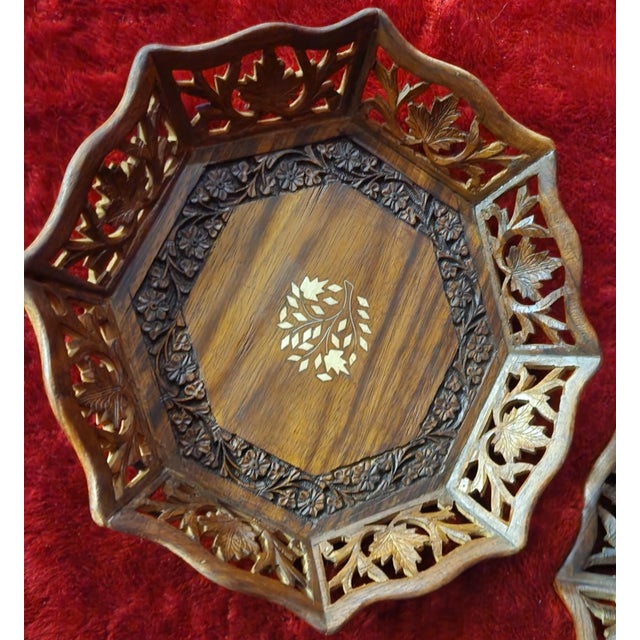 Pair East Indian Decorative Wood Carved Inlay 1960s For Sale - Image 4 of 7