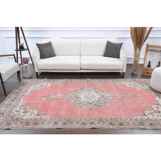 Rustic Vintage Turkish Hand-Knotted Wool Cotton Pink Area Rug For Sale - Image 3 of 11