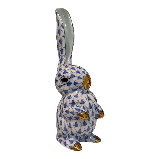Herend Blue Fishnet With 24k Gold "One Ear Up" Rabbit Figurine For Sale
