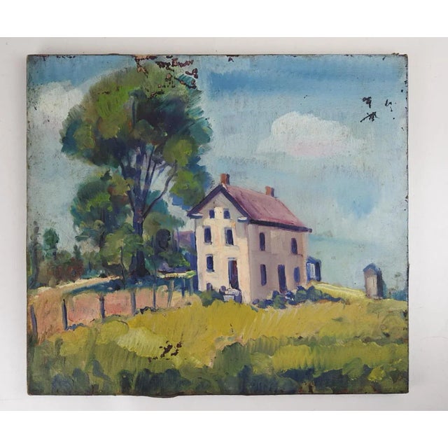 Textile Early 20th Century Distressed Farmhouse Landscape Painting For Sale - Image 7 of 7