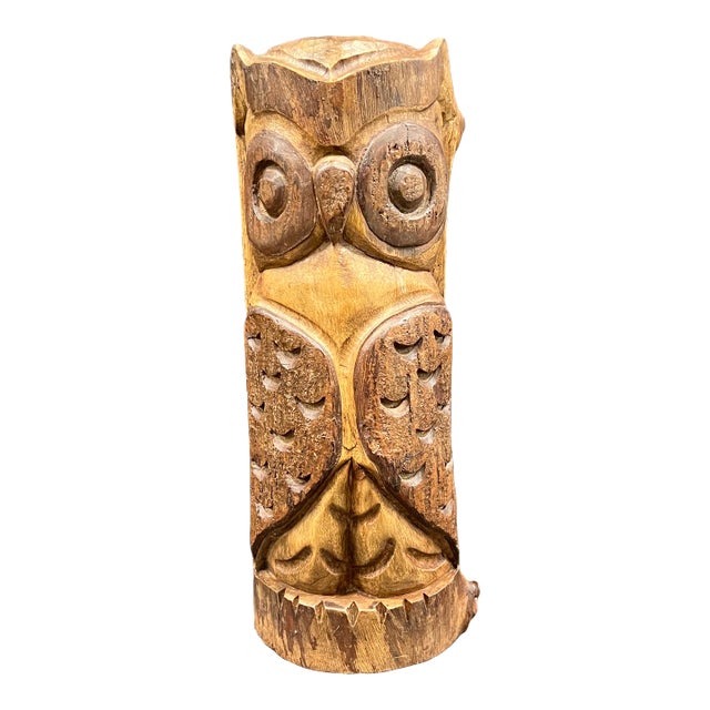 Vintage Carved Solid Wood Owl Sculpture For Sale