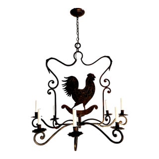 Vintage French Country Style Gilt Wrought Iron Rooster Chandelier For Sale