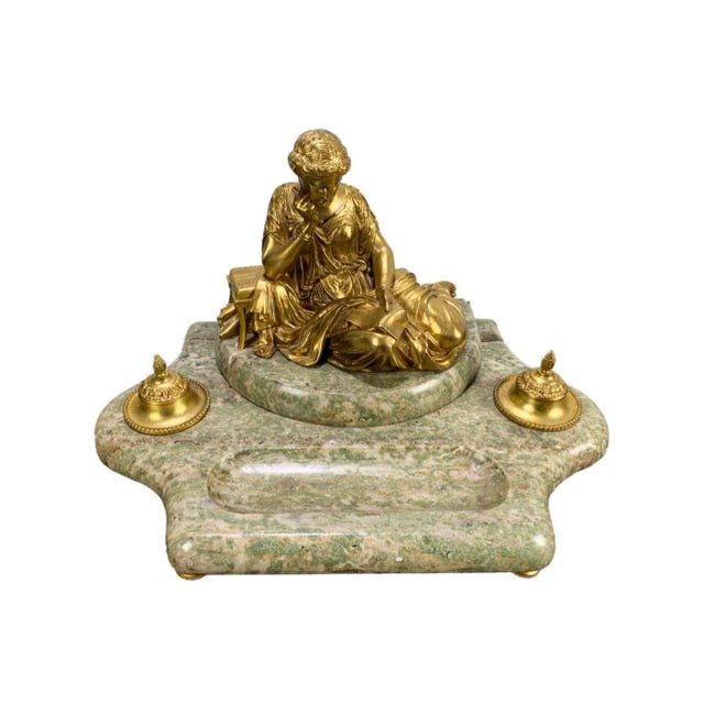 Antique French Gilt Bronze & Marble Inkwell For Sale - Image 4 of 8