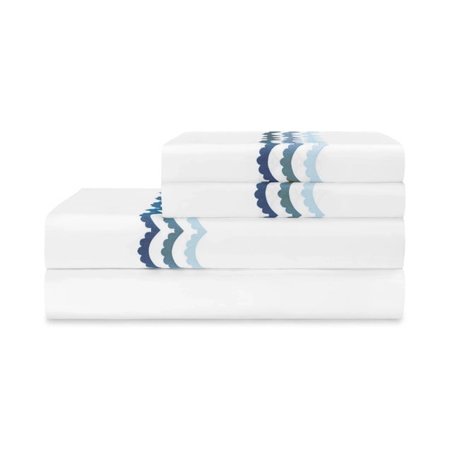 Hamburg House Celerie Kemble + Hamburg House Whimsical Blue Scallop Queen Sheet Set - 4 Pieces For Sale - Image 4 of 4