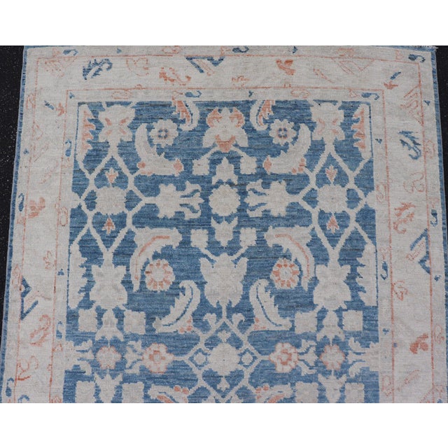 Oushak Gallery Rug With Blue Field and Soft Coral and Ivory Accent 4'2 X 12'0 For Sale - Image 10 of 12