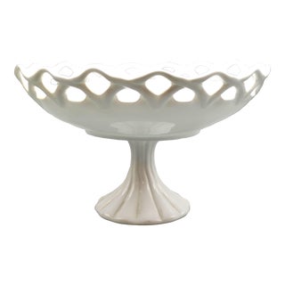 Large Pierced Milk Glass Pedestal Bowl For Sale