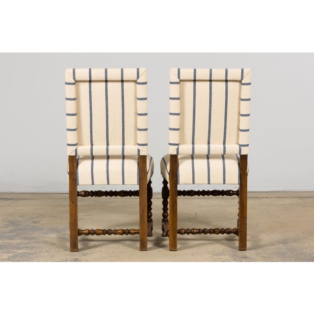 Antique French Louis XIII Dining Chairs in Blue Striped Jacquard, Set of 12 For Sale - Image 18 of 18