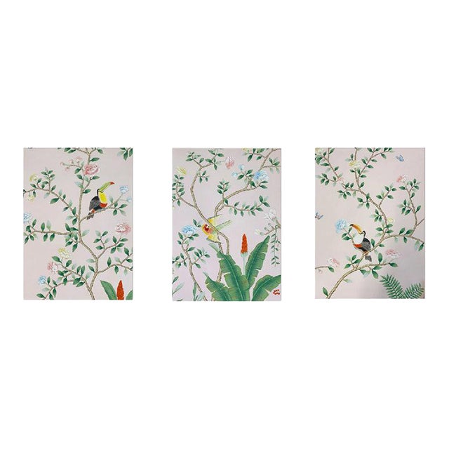 28"*40", a Set of 3 Panels Hand-Painted Pink Chinoiserie Wallpaper, Set of 3 Panels No Frame For Sale