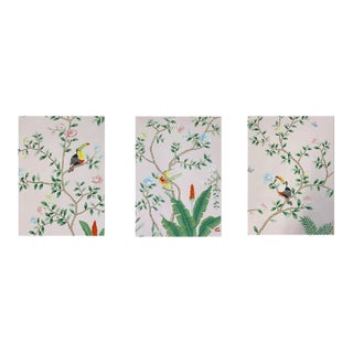 Hand-Painted Pink Chinoiserie Wallpaper, Set of 3 Panels No Frame For Sale