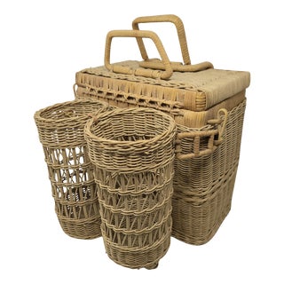 Vintage Wicker Picnic Basket With Detachable Wine Basket For Sale