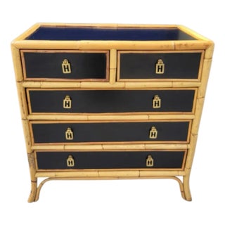 Vintage Smooth Black Insert Bamboo 5 Drawer Regency Chest of Drawers For Sale