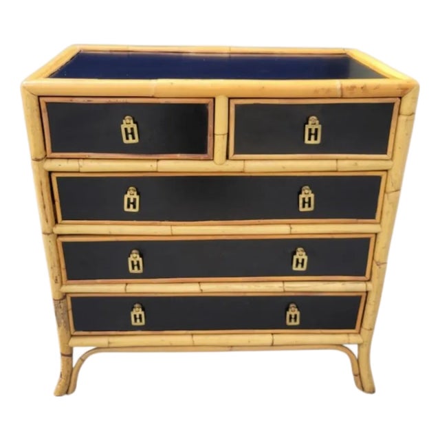 Vintage Smooth Black Insert Bamboo 5 Drawer Regency Chest of Drawers For Sale