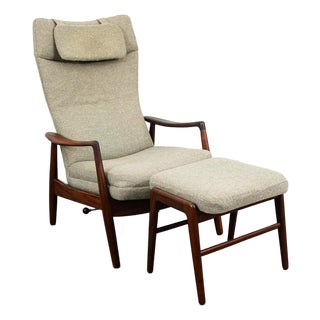 Mid Century Danish Modern Lounge Chair Teak Ottoman Recliner Arm Attributed to Madsen and Schubell for Bovenkamp For Sale