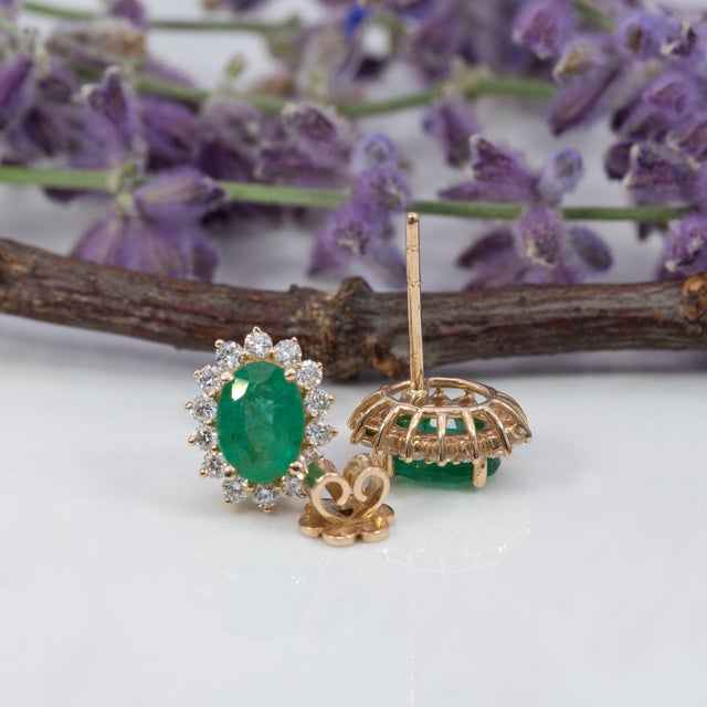 1.8Ct Zambian Emerald Earrings With Diamond Accents in Solid 14k Gold, 7x5mm, Pair For Sale In Columbus - Image 6 of 7