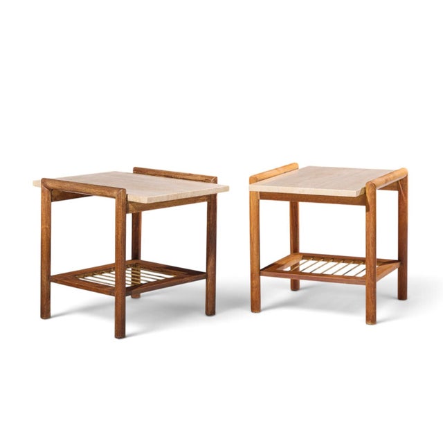 Dux Style Mid Century Travertine and Oak Side End Tables - Pair Each side table measures: 22.25 wide x 28 deep x 23.5...