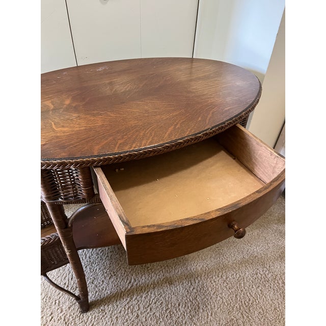 Vintage Haywood Wakefield Wicker and Oak Desk/Library Table With Drawer For Sale - Image 4 of 10