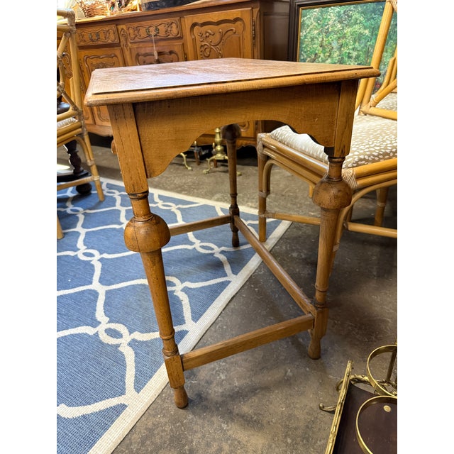 Antique English Oak Side Table With Turned Legs & Stretcher Base For Sale - Image 4 of 4