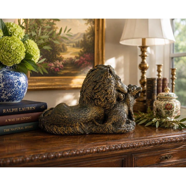 Vintage Lion & Cub Sculpture | Large Bronze Finish Cast Plaster Statue | Hollywood Regency Safari Decor | Ralph Lauren Style For Sale - Image 10 of 10