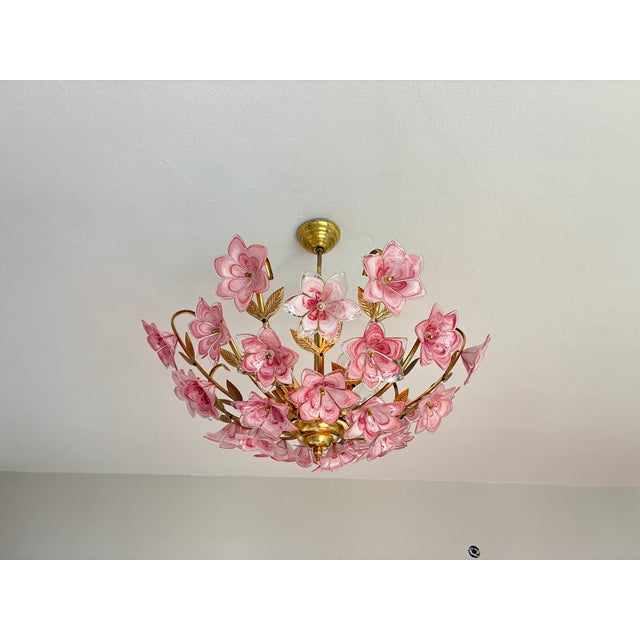 Vintage Murano Glass Floral Chandelier – Rare Deep Pink Flowers, Flush Mount For Sale - Image 11 of 18