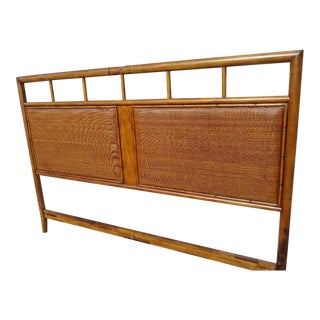 Wood and Faux Bamboo British Colonial King Size Woven Rattan Headboard For Sale