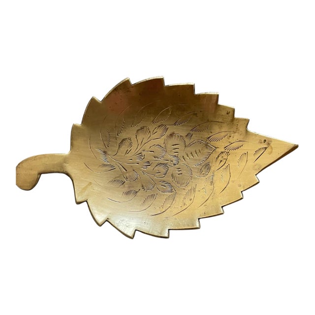 Vintage Midcentury Etched Brass Leaf Trinket Dish For Sale