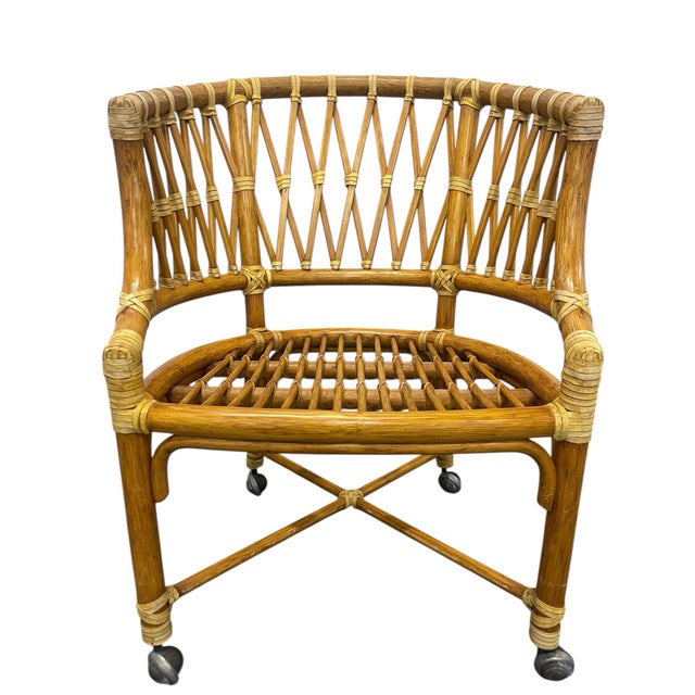 Coastal Vintage McGuire Rattan Barrel Chairs on Casters – A Set of 4 For Sale - Image 3 of 12