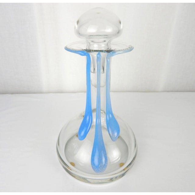 Modernist glass decanter with blue overlay accent as designed by Petr Horák for Rosenthal Studio-Linie. Acid-etched...