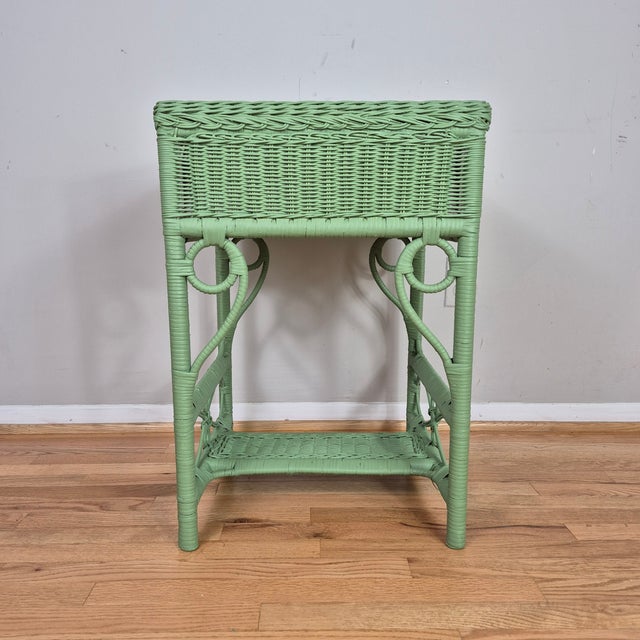 1970s Celery Green Painted Wicker Night Stand End Table W/ Drawer For Sale In Washington DC - Image 6 of 9
