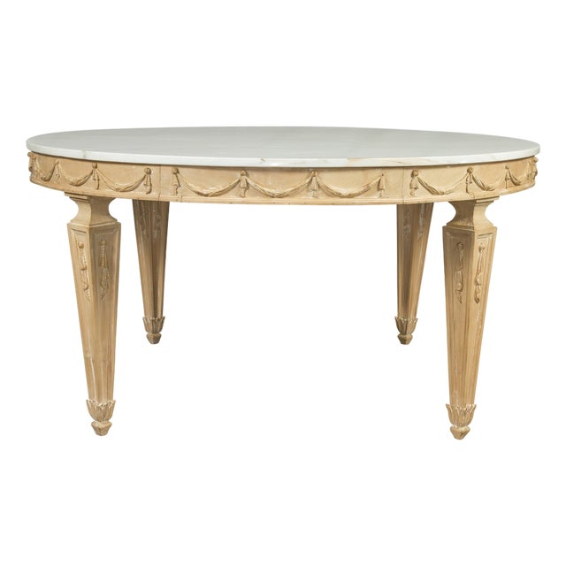 Mid 20th Century Italian Vintage Neoclassical Style Pine Dining Table with Marble Top and Swags For Sale