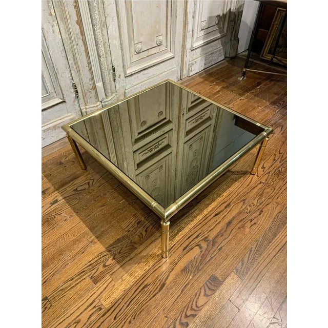 French Mid-Century French Brass Smoked Mirror Coffee Table For Sale - Image 3 of 8