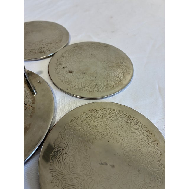 Silver Vintage Silver Engraved Coaster Set – Set of 6 Coasters With Holder For Sale - Image 8 of 13